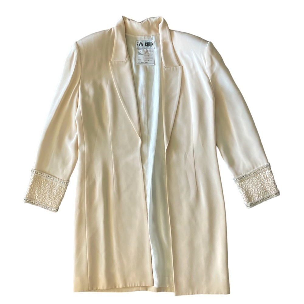 Vintage Silk Beaded Long Blazer Cream Size 8